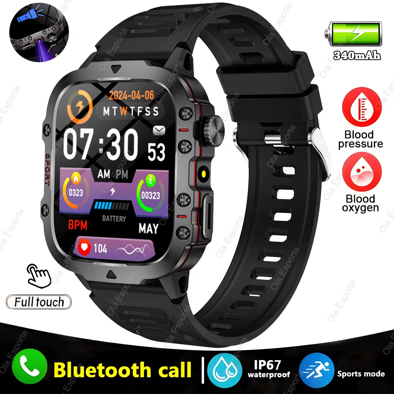 Men's Smart Watch with Bluetooth Calling, Flashlight & Fitness Tracking, 1.81" HD Touchscreen, 3ATM Water Resistant, Compatible with Android & iOS