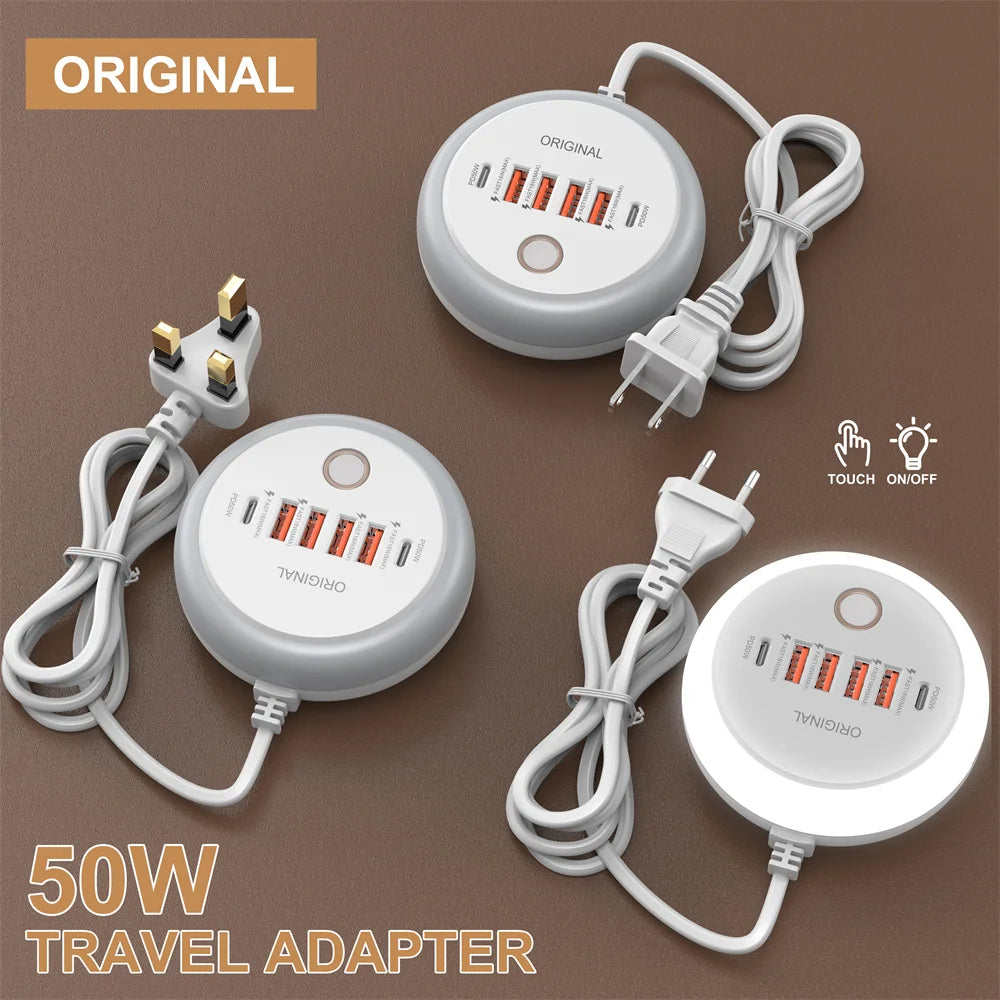 50W Multi-Port USB Wall Charger with PD USB-C Fast Charging for Smartphones & Tablets