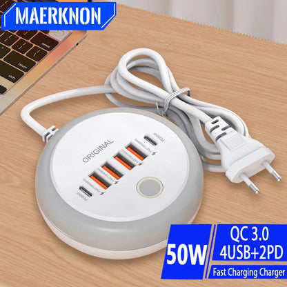 50W Multi-Port USB Wall Charger with PD USB-C Fast Charging for Smartphones & Tablets