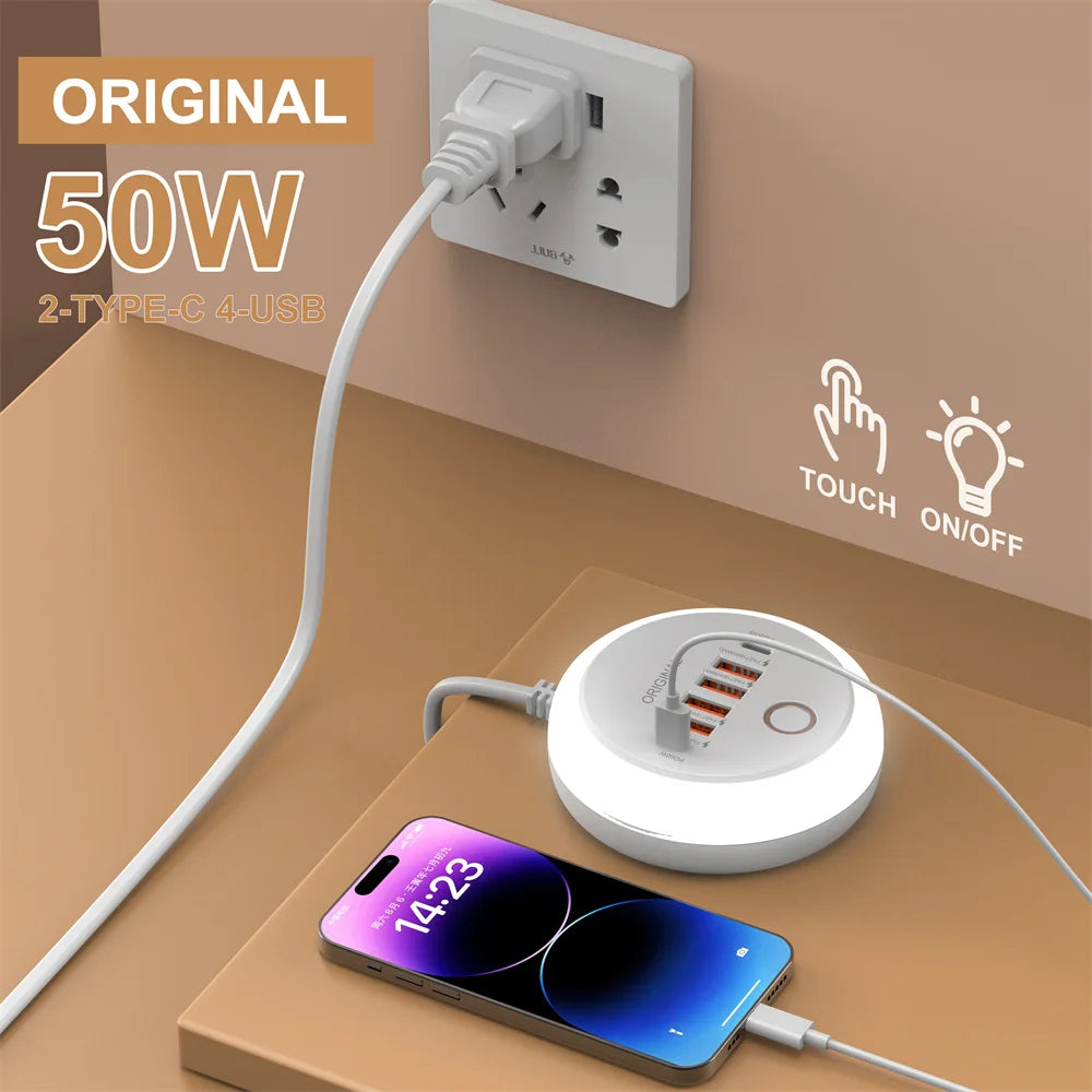 50W Multi-Port USB Wall Charger with PD USB-C Fast Charging for Smartphones & Tablets