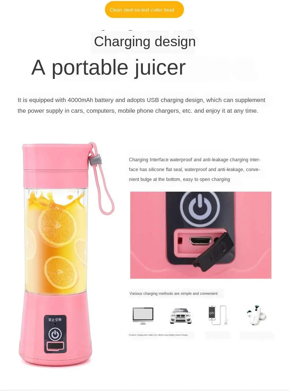 Portable Mini Electric Juicer USB Rechargeable Smoothie Maker Blender Automatic Fruit Juice Extractor for Orange Lemon Milkshake Kitchen Gadget