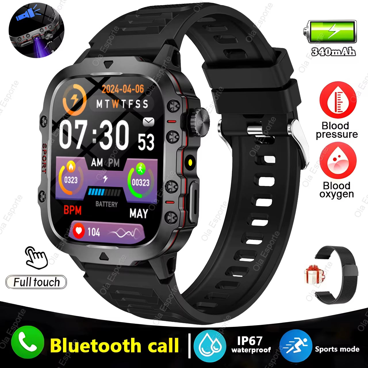 Men's Smart Watch with Bluetooth Calling, Flashlight & Fitness Tracking, 1.81" HD Touchscreen, 3ATM Water Resistant, Compatible with Android & iOS