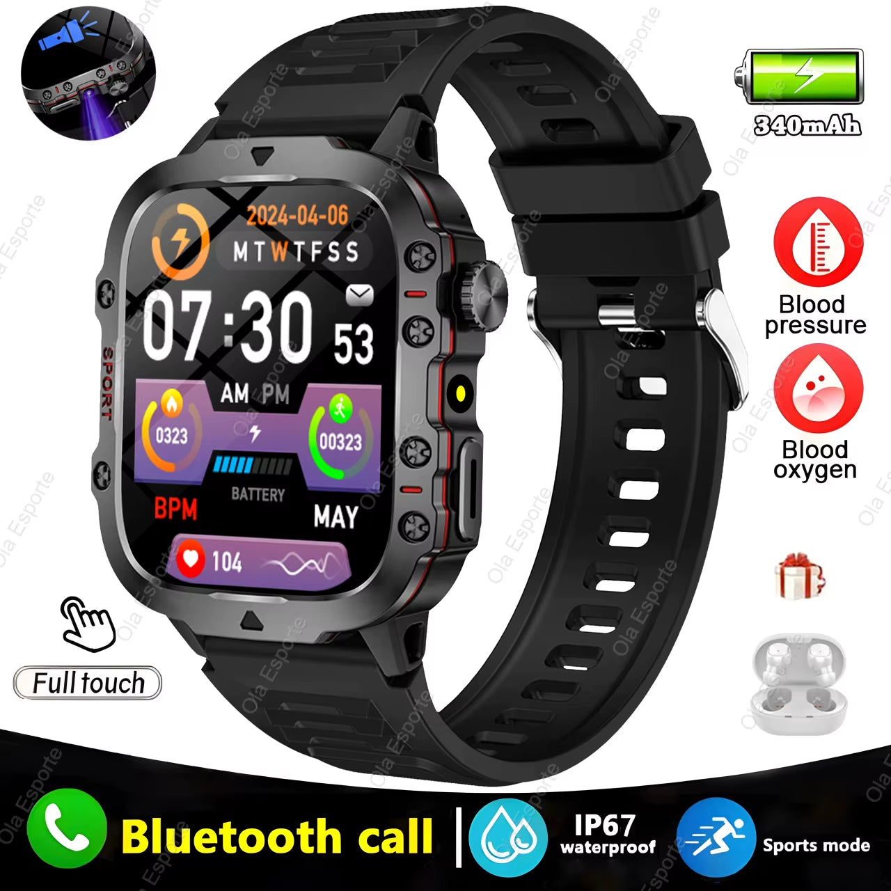 Men's Smart Watch with Bluetooth Calling, Flashlight & Fitness Tracking, 1.81" HD Touchscreen, 3ATM Water Resistant, Compatible with Android & iOS